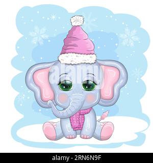 Niedlicher Cartoon-Elefant, kindische Figur mit wunderschönen Augen, weihnachtsmannmütze, Schal, Geschenk, weihnachtsball oder Zuckerrohr. Das Konzept des Stock Vektor
