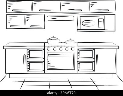 Skizze eines Innenküchendesigns mit einem Herd Vector Stock Vektor