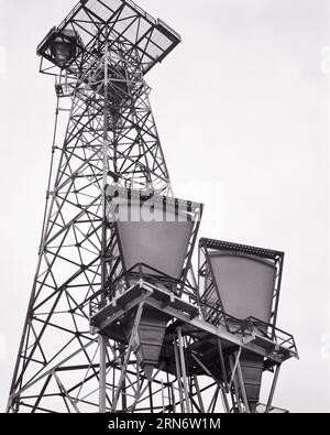 1970ER JAHRE C-BAND HORN REFLEKTORANTENNEN AUF DER OBERSEITE DES MIKROWELLENRELAIS TURM FÜR TELEFON RADIO UND FERNSEHEN KOMMUNIKATION - R24575 HAR001 HARS TELEKOMMUNIKATION UND SCHWARZ-WEISS HAR001 ALTMODISCH Stockfoto