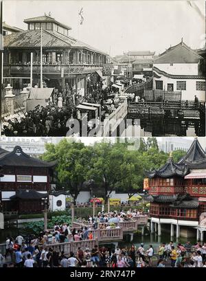 (150816) -- SHANGHAI, 16. August 2015 -- Kombinationsfoto zeigt kopiertes Dateifoto des Yuyuan Gartens, der 1938 (oben) mit Flüchtlingen überfüllt war, und des Yuyuan Gartens, der am 12. August 2015 (unten) mit Touristen überfüllt war, im ostchinesischen Shanghai. Robert Charles Emile Jacquinot de Besange, ein Franzose, der auch einen chinesischen Namen Rao Jiaju hatte, gründete während der grausamen Kämpfe im chinesischen Antijapanischen Krieg eine Flüchtlingszone in der Nähe des Yuyuan-Gartens in Shanghai. Unter seinen großen Anstrengungen wurden in der Flüchtlingszone zu Spitzenzeiten 300 000 Flüchtlinge aufgenommen. Rao verließ China 1940 nach Paris und starb 1946 in Berlin. (MT) CHINA-SHANGHAI-W Stockfoto