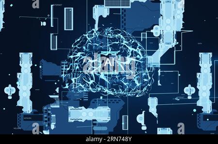 KI-maschinelles Lernen, mit dem Computer die Funktion des menschlichen Gehirns replizieren können. Selbstlernende Algorithmen basierend auf Data Mining und Mustererkennung zur Lösung komplexer Aufgaben, 3D-Rendering-Animation Stockfoto