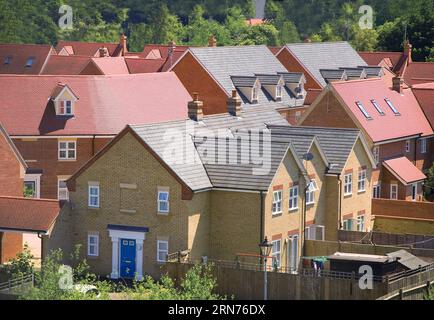 Ein modernes Wohnhaus auf einem Brachfeld neben einem Waldgebiet; eine Mischung aus Dachflächen und -Stilen, einschließlich eines geschwungenen Daches mit eingelegtem Dachboden. Stockfoto