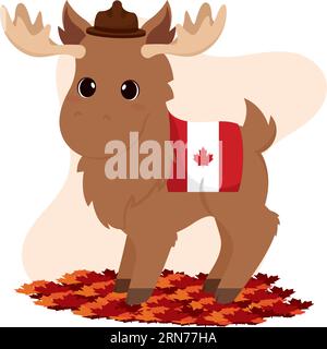 Niedliches Elchtier mit Waldhüter Hut und einer Flagge von Canada Vector Stock Vektor