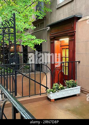 Ein gepflegtes braunes Untergeschosszimmer in der E. 35th St. in Murray Hill, 2023, New York City, USA Stockfoto
