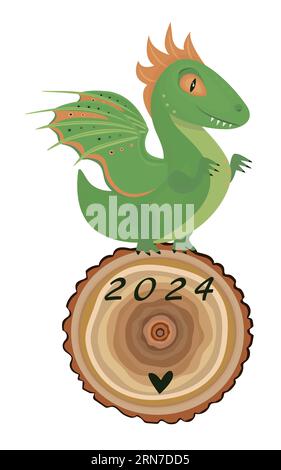 Grüner Holzdrache auf einem Holzrad, Symbol für 2024 Jahre Stock Vektor