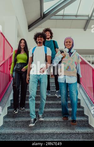 Eine Gruppe verschiedener Studenten, darunter ein afroamerikanischer Mann und ein muslimisches Mädchen in einem Hijab, gehen zusammen durch die modernen Gänge des Stockfoto