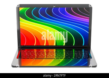 Moderner Laptop mit geöffnetem Display, Vorderansicht. 3D-Rendering auf weißem Hintergrund isoliert Stockfoto