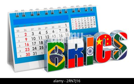 BRICS mit Tischkalender, 3D-Rendering isoliert auf weißem Hintergrund Stockfoto