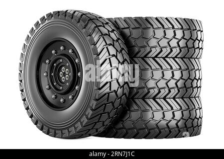Set aus Lkw-Rädern, 3D-Rendering isoliert auf schwarzem Hintergrund Stockfoto