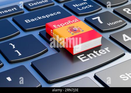 Spanisch-Lehrbuch auf Laptop-Tastatur. Online-Kurse in spanischer Sprache, 3D-Rendering Stockfoto