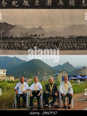 (150916) -- TIANTAI (ZHEJIANG), 16. September 2015 -- Kombinationsfoto zeigt eine Abfahrtszeremonie am 10. Oktober 1939 für das Freiwilligenkorps gegen die japanische Aggression des Tiantai County, der ostchinesischen Provinz Zhejiang (oben) und der letzten vier überlebenden Mitglieder des Freiwilligenkorps, Zhang Chongyou, Zhang Zhinuan, Jin Honglin und Yao Renyan, mit einem Durchschnittsalter von 94 Jahren, kehren am 13. September 2015 (niedriger) zum Veranstaltungsort zurück, um die Erinnerung an ihre Waffengenossen zu ehren. Im Sommer 1939 griffen japanische Invasionstruppen Küstengebiete von Zhejiang an. Im Rahmen der zweiten Zusammenarbeit zwischen der Ku Stockfoto