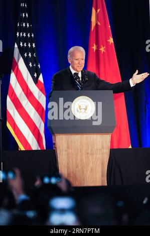 150917 -- LOS ANGELES, 17. September 2015 -- US-Vizepräsident Joe Biden spricht über die Abschlusszeremonie von China-USA Klimagipfel in Los Angeles, USA, am 16. September 2015. U.S.-LOS ANGELES-CHINA-CLIMATE-SUMMIT ZHANGXCHAOQUN PUBLICATIONXNOTXINXCHN Stockfoto