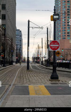 Jersey City, New Jersey, USA, Blick auf den öffentlichen Bahnhof Exchange Place Stockfoto