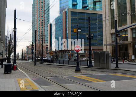 Jersey City, New Jersey, USA, Blick auf den öffentlichen Bahnhof Exchange Place Stockfoto