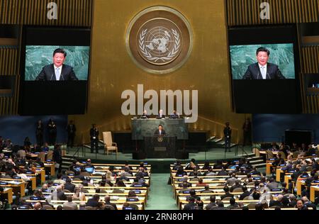 (150928) -- NEW YORK, 28. September 2015 -- der chinesische Präsident Xi Jinping spricht an die jährliche allgemeine Aussprache auf hoher Ebene der 70. Tagung der Generalversammlung der Vereinten Nationen im Hauptquartier der Vereinten Nationen in New York, den Vereinigten Staaten, 28. September 2015. )(mcg) UN-NEW YORK-CHINA-XI JINPING-GENERAL DEBATE-SPEECH PangxXinglei PUBLICATIONxNOTxINxCHN NEW YORK Sept 28 2015 der chinesische Präsident Xi Jinping spricht an die jährliche Generaldebatte AUF hoher Ebene der 70. Tagung der Generalversammlung der Vereinten Nationen IM UN-Hauptquartier in New York die Vereinigten Staaten Sept 28 2015 mcg UN New York China Xi Jinping Ge Stockfoto