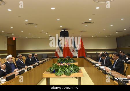 (150928) -- NEW YORK, 28. September 2015 -- der chinesische Präsident Xi Jinping trifft sich mit dem iranischen Präsidenten Hassan Rouhani in New York, USA, 28. September 2015. )(mcg) US-NEW YORK-CHINA-XI JINPING-HASSAN ROUHANI-MEETING LixXueren PUBLICATIONxNOTxINxCHN New York Sept 28 2015 der chinesische Präsident Xi Jinping trifft mit dem iranischen Präsidenten Hassan Rouhani in New York die Vereinigten Staaten Sept 28 2015 Mcg U.S. New York China Xi Jinping Hassan Rouhani Meeting LixBLATXIxNNCHIxEN Stockfoto