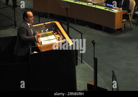 (150928) -- NEW YORK, 28. September 2015 -- der französische Präsident Francois Hollande spricht auf der 70. Tagung der Generalversammlung der Vereinten Nationen am 28. September 2015 im Hauptquartier der Vereinten Nationen in New York, USA. Die Generaldebatte der 70. Tagung der Generalversammlung der Vereinten Nationen begann am Montag im Generalversammlungssaal des UN-Hauptquartiers in New York. ) UN-NEW YORK-GENERALDEBATTE WangxLei PUBLICATIONxNOTxINxCHN New YORK September 28 2015 der französische Präsident Francois Hollande spricht AUF der 70. Tagung der Generalversammlung der Vereinten Nationen BEI den Vereinten Nationen Stockfoto