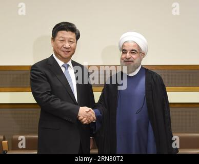 (150928) -- NEW YORK, 28. September 2015 -- der chinesische Präsident Xi Jinping (L) trifft sich mit dem iranischen Präsidenten Hassan Rouhani in New York, USA, 28. September 2015. )(mcg) US-NEW YORK-CHINA-XI JINPING-HASSAN ROUHANI-MEETING LixXueren PUBLICATIONxNOTxINxCHN New York Sept 28 2015 der chinesische Präsident Xi Jinping l trifft mit dem iranischen Präsidenten Hassan Rouhani in New York die Vereinigten Staaten Sept 28 2015 Mcg U.S. New York China Xi Jinping Hassan NOIChani Meeting LixBLATXUxTIOXuxeren Stockfoto