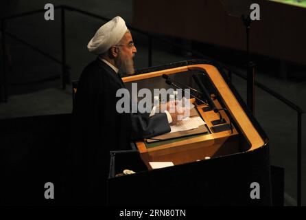(150928) -- NEW YORK, 28. September 2015 -- iranischer Präsident Hassan Rouhani spricht auf der 70. Tagung der Generalversammlung der Vereinten Nationen am 28. September 2015 im Hauptquartier der Vereinten Nationen in New York, USA. Die Generaldebatte der 70. Tagung der Generalversammlung der Vereinten Nationen begann am Montag im Generalversammlungssaal des UN-Hauptquartiers in New York. ) UN-NEW YORK-GENERALDEBATTE WangxLei PUBLICATIONxNOTxINxCHN New York September 28 2015 iranischer Präsident Hassan Rouhani spricht AUF der 70. Tagung der Generalversammlung der Vereinten Nationen beim Leiter der Vereinten Nationen Stockfoto