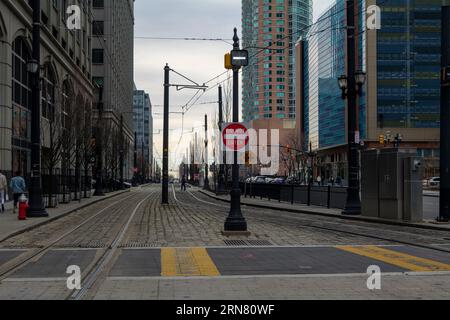 Jersey City, New Jersey, USA, Blick auf den öffentlichen Bahnhof Exchange Place Stockfoto