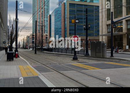 Jersey City, New Jersey, USA, Blick auf den öffentlichen Bahnhof Exchange Place Stockfoto