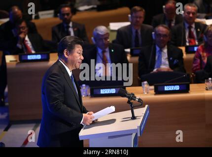 (150928) -- NEW YORK, 28. September 2015 -- der chinesische Präsident Xi Jinping spricht vor dem Gipfeltreffen der Staats- und Regierungschefs zur Friedenssicherung am 28. September 2015 im Hauptquartier der Vereinten Nationen in New York. ) (Ry) REDE DES UN-CHINESISCHEN PRÄSIDENTEN PangxXinglei PUBLICATIONxNOTxINxCHN New York September 28 2015 der chinesische Präsident Xi Jinping spricht vor dem Gipfeltreffen der Staats- und Regierungschefs ÜBER Friedenssicherung AM Sitz der Vereinten Nationen in New York September 28 2015 Ry Rede des chinesischen Präsidenten der Vereinten Nationen PangxXinglei PUBLICATIONxNOTxINxCHN Stockfoto