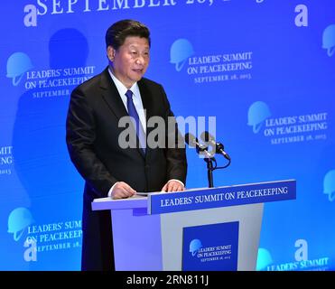 (150928) -- NEW YORK, 28. September 2015 -- der chinesische Präsident Xi Jinping spricht vor dem Gipfeltreffen der Staats- und Regierungschefs zur Friedenssicherung am 28. September 2015 im Hauptquartier der Vereinten Nationen in New York. ) (Ry) REDE DES UN-CHINESISCHEN PRÄSIDENTEN LixTao PUBLICATIONxNOTxINxCHN New York September 28 2015 der chinesische Präsident Xi Jinping spricht vor dem Gipfeltreffen der Staats- und Regierungschefs ÜBER Friedenssicherung AM Sitz der Vereinten Nationen in New York September 28 2015 Ry Rede des chinesischen Präsidenten der Vereinten Nationen LixTao PUBLICATIONxNOTxINxCHN Stockfoto