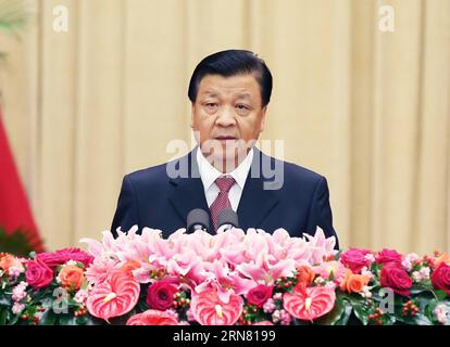 (150929) -- PEKING, 29. September 2015 -- Liu Yunshan, Mitglied des Ständigen Ausschusses des Politischen Büros des Zentralkomitees der Kommunistischen Partei Chinas (KPCh), spricht an einem Empfang, der anlässlich des bevorstehenden 66. Nationalfeiertags mit Taiwan, Hongkong, Macau und chinesischen Vertretern aus Übersee in Peking, der Hauptstadt Chinas, am 29. September 2015 abgehalten wird. ) (mp) CHINA-BEIJING-LIU YUNSHAN-RECEPTION (CN) YaoxDawei PUBLICATIONxNOTxINxCHN Peking Sept 29 2015 Liu Yunshan Mitglied des Thing Committee des Politischen Büros des ZK der Kommunistischen Partei Chinas spricht bei einem Empfang an sie Stockfoto