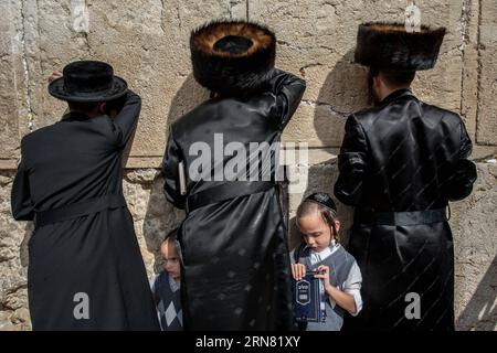 AKTUELLES ZEITGESCHEHEN Juden in Jerusalem feiern Sukkot, das Laubhüttenfest (150930) -- JERUSALEM, 30. September 2015 -- ultraorthodoxe jüdische Männer beten während des Sukkots an der Westmauer der Altstadt von Jerusalem, am 30. September 2015. Das Sukkot, das fest der Tabernakel, fällt vom Sonnenuntergang vom 27. September bis zum Sonnenuntergang vom 4. Oktober dieses Jahres, ist ein biblischer wochenlanger Urlaub, der an die 40 Jahre Reise in der Wüste nach dem Exodus von der Sklaverei in Ägypten erinnert. ) MIDEAST-JERUSALEM-westliche MAUER-SUKKOT-BETEN LixRui PUBLICATIONxNOTxINxCHN Nachrichten aktuelle Ereignisse Juden in Jerusalem feiern Sukkot das Hardwoo Stockfoto