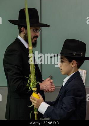 AKTUELLES ZEITGESCHEHEN Juden in Jerusalem feiern Sukkot, das Laubhüttenfest (150930) -- JERUSALEM, 30. September 2015 -- ein ultra-orthodoxer jüdischer Junge betet mit vier Pflanzenarten während Sukkot an der Westmauer in der Altstadt von Jerusalem, am 30. September 2015. Das Sukkot, das fest der Tabernakel, fällt vom Sonnenuntergang vom 27. September bis zum Sonnenuntergang vom 4. Oktober dieses Jahres, ist ein biblischer wochenlanger Urlaub, der an die 40 Jahre Reise in der Wüste nach dem Exodus von der Sklaverei in Ägypten erinnert. ) MIDEAST-JERUSALEM-westliche MAUER-SUKKOT-BETEN LixRui PUBLICATIONxNOTxINxCHN Nachrichten aktuelle Ereignisse Juden in Jerusalem Stockfoto