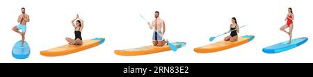 Collage mit Fotos von jungen Männern und Frauen, die Yoga auf sup-Boards auf weißem Hintergrund üben Stockfoto