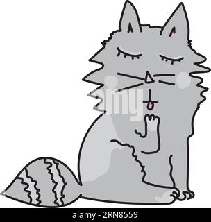 Von Hand gezeichnete Vektorillustration einer grau gefleckten Katze, die mit geschlossenen Augen ihre Pfote leckt Stock Vektor
