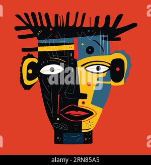 Abstrakter gelber, blauer und schwarzer menschlicher Kopf, Gesicht auf rotem Hintergrund. Stock Vektor