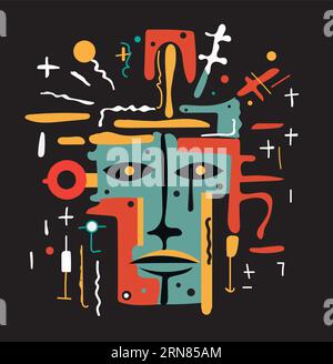 Abstrakte Vektormalerei eines grünen und roten Gesichts auf schwarzem Hintergrund, gelbe Akzente Stock Vektor