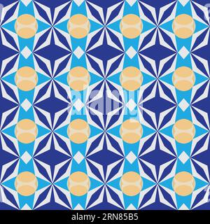 Blau, Türkis und Gelb, sich wiederholende nahtlose Rautenblumen- und Kreismuster, Mosaikeffekt Stock Vektor