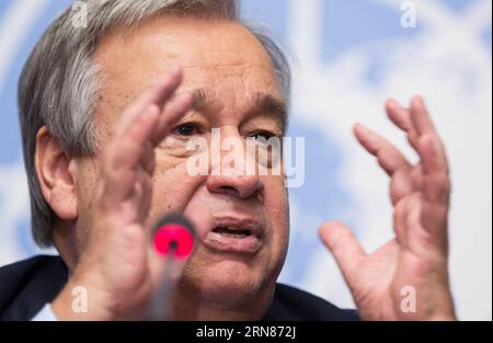 (151009) -- GENF, 9. Oktober 2015 -- der hohe Flüchtlingskommissar der Vereinten Nationen (UNHCR) Antonio Guterres spricht auf einer Pressekonferenz über die Flüchtlingskrise in Genf, Schweiz, 9. Oktober 2015. Anlässlich des Abschlusses der 66. Tagung des Exekutivausschusses durch das Flüchtlingshilfswerk der Vereinten Nationen (UNHCR) hob Hochkommissar Antonio Guterres am Freitag hervor, wie wichtig es ist, tragfähige und ganzheitliche Lösungen für Flüchtlingskrisen und humanitäre Krisen in der ganzen Welt zu finden. ) SCHWEIZ-GEMEVA-UNHCR-EU-REFUGEES XuxJinquan PUBLICATIONxNOTxINxCHN 151009 Genf OKT 9 2015 Hochkommissar der Vereinten Nationen für Wiederaufbau Stockfoto