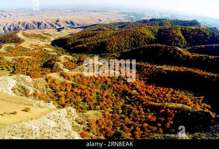 (151020) -- PEKING, 20. Oktober 2015 -- undatiertes Dateifoto zeigt die Herbstszene des Fushou-Berges im Huocheng County, nordwestchinesische Autonome Region Xinjiang Uygur. )(wyo) CHINA-XINJIANG-HUOCHENG-LANDSCHAFT (CN) ShangxZhonglin PUBLICATIONxNOTxINxCHN Peking OKT 20 2015 undated File Photo Shows the Autumn Scene of Fushou Mountain in Huocheng County Northwest China S Xinjiang Uygur Autonomous Region wyo China Xinjiang Huocheng Huocheng ScencixBLINNCHINN Stockfoto