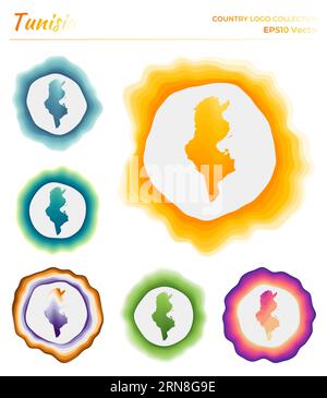 Tunesien-Logo-Kollektion. Buntes Abzeichen des Landes. Schichten um die tunesische Grenzform. Vektorillustration. Stock Vektor