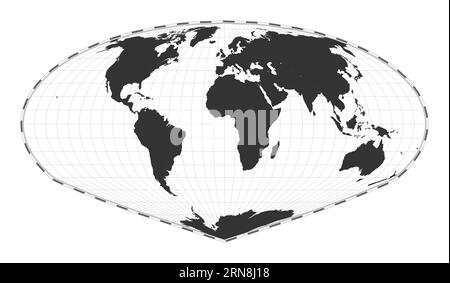 Vektor-Weltkarte. Die Sinu-Mollweide-Projektion von Allen K. Philbrick. Plain World geografische Karte mit Breiten- und Längenlinien. Zentriert auf 0 Grad Stock Vektor