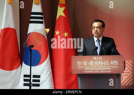 (151101) -- SEOUL, 1. November 2015 -- der chinesische Ministerpräsident Li Keqiang spricht am 1. November 2015 in Seoul, Südkorea, den 5. Wirtschaftsgipfel Korea-Japan-China an. )(zkr) ROK-CHINA-JAPAN-BUSINESS SUMMIT(CN) LiuxWeibing PUBLICATIONxNOTxINxCHN Seoul 1. November 2015 der chinesische Premierminister Keqiang spricht vor dem 5. Korea Japan China Business Summit in Seoul Südkorea 1. November 2015 CCR Rok China Japan Business Summit CN LiuxWeibing PUBLICATIONxNOTxINxCHN Stockfoto