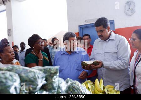 Das Foto zeigt den venezolanischen Präsidenten Nicolas Maduro (2. R), der am 2. November 2015 in Argyle, St. Vincent und den Grenadinen mit dem Premierminister von St. Vincent und den Grenadinen Ralph Gonsalves (C) spricht. Venezuelas Präsident Nicolas Maduro betonte am Montag, dass es dank der Investitionen, die die Regierungen der Karibik gemeinsam getätigt haben, möglich ist, wirtschaftliche Stabilität in der Region zu erreichen. VENEZUELAS PRÄSIDENTSCHAFT) (DA) (SP) NICHT FÜR ARCHIV-NICHT FÜR DEN VERKAUF REDAKTIONELLE VERWENDUNG NUR SAINT VINCENT UND DIE GRENADINEN-ARGYLE-VENEZUELA-VISIT VENEZUELA SXPRESIDENCY Stockfoto