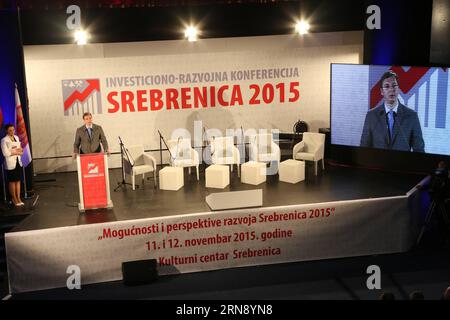 (151111) -- SREBRENICA, 11. November 2015 -- der serbische Premierminister Aleksandar Vucic spricht während der Internationalen Investitions- und Entwicklungskonferenz Srebrenica 2015 im Kulturdom in Srebrenica, Bosnien und Herzegowina, 11. November 2015. ) BOSNIEN UND HERZEGOWINA-SREBRENICA-INVESTITIONSKONFERENZ HarisxMemija PUBLICATIONxNOTxINxCHN 151111 SREBRENICA 11. November 2015 der serbische Premierminister Aleksandar Vucic spricht während der Internationalen Investitions- und Entwicklungskonferenz Srebrenica 2015 IM Kulturdom in Srebrenica Bosnien und Herzegowina 11. November 2015 Bosnien und Herzegowina Srebr Stockfoto