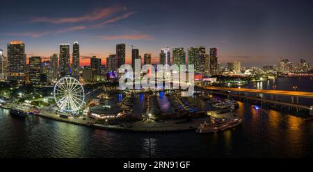 Hafen von Miami und Wolkenkratzer von Brickell, Finanzzentrum der Stadt. Skyviews Miami Observation Wheel am Bayside Marketplace mit Reflexionen Stockfoto