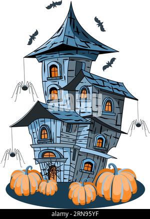 Halloween-Vektorillustration eines Spukhauses mit Kürbissen und Spinnen. Stock Vektor