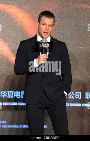 Der Marsianer-Pressekonferenz in Peking -- Cast-Mitglied Matt Damon nimmt an der Premiere des Marsianers in Peking, der Hauptstadt Chinas, am 20. November 2015 Teil. Der Mars wird am 25. November in den chinesischen Kinos erscheinen. (dhf) CHINA-BEIJING-MOVIE-THE MARTIAN-PREMIERE (CN) ZhaoxDingzhe PUBLICATIONxNOTxINxCHN die Marspressekonferenz in Peking Cast-Mitglied Matt Damon nimmt an der Premiere des Marsmanns in Peking Hauptstadt Chinas Teil Nov 20. November 2015 der Marsmenier wird AM 25. November in die chinesischen Kinos eintreffen DHF China Beijing Movie The NOMartian CN Premiere ZhaoxUCHINxBLingXN Stockfoto