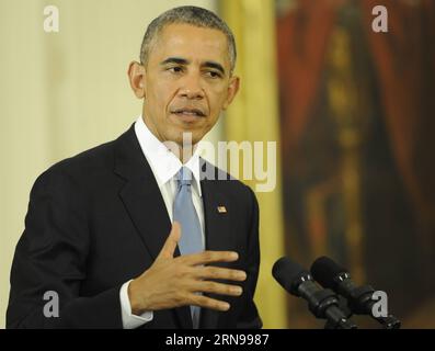 (151124) -- WASHINGTON D.C., 24. November 2015 -- US-Präsident Barack Obama nimmt am 24. November 2015 an einer Pressekonferenz in Washington D.C., USA, Teil. US-Präsident Barack Obama und sein französischer Amtskollege Francois Hollande drängten Russland und die Türkei am Dienstag, eine Eskalation zu vermeiden, nachdem ein russisches Kampfflugzeug von der Türkei abgestürzt wurde. US-WASHINGTON D.C.-OBAMA-HOLLANDE-PRESSEKONFERENZ BaoxDandan PUBLICATIONxNOTxINxCHN 151124 Washington D C 24. November 2015 US-Präsident Barack Obama nimmt an einer Pressekonferenz in Washington D C Teil die Vereinigten Staaten AM 24. November 2015 US-Präsident Barack Obama und seine Fr. Stockfoto