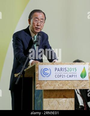 Weltklimagipfel in Paris - Ban Ki-moon (151130) -- PARIS, 30. November 2015 -- Generalsekretär der Vereinten Nationen (UN) Ban Ki-moon spricht während der Ankündigung der Klimaschutzinitiative am Rande der Weltklimakonferenz der Vereinten Nationen (COP 21) 2015 in Le Bourget am nördlichen Stadtrand von Paris, Frankreich, am 30. November 2015. Ban Ki-moon kündigte am Montag während der Klimakonferenz der Vereinten Nationen 2015 (COP 21) eine neue Initiative an, um die Klimaresilienz in den am stärksten gefährdeten Ländern der Welt aufzubauen. Die Initiative, die darauf abzielt, die Fähigkeit der Länder t zu stärken Stockfoto