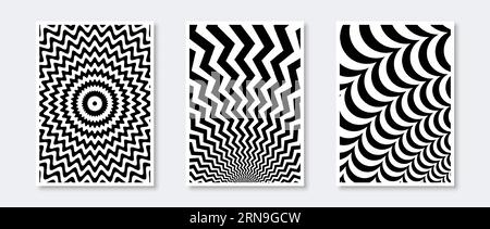Sunburst and Waves Poster Kollektion. Wellige Sonnenstrahlen-Elemente. Schwarzweiß-Monochrom-Wave-Vorlagen für Cover, Banner, Einladung, Flyer. Abstrakte Kunsttapete. Vektorillustration Stock Vektor