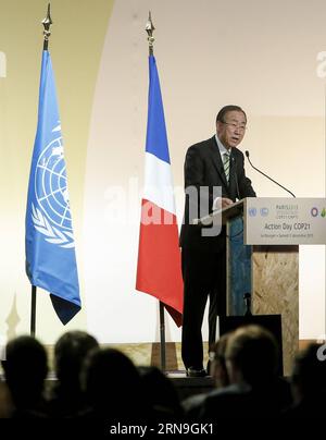 Weltklimagipfel in Paris - Aktionstag (151205) -- PARIS, 5. Dezember 2015 -- UN-Generalsekretär Ban Ki-moon spricht als Aktionstag der Weltklimakonferenz der Vereinten Nationen (COP 21) 2015 in Le Bourget am 5. Dezember 2015 in den nördlichen Vororten von Paris. Am Samstag haben die Verhandlungsführer in Paris einen endgültigen Entwurf eines neuen globalen Klimaabkommens erreicht, der den Ministern in der nächsten Woche die Gelegenheit bietet, sensible politische Unterschiede zu lesen und zu bewältigen. ) FRANKREICH-PARIS-CLIMATE-COP 21-AKTIONSTAG ZhouxLei PUBLICATIONxNOTxINxCHN Weltklimagipfel in Paris Aktionstag 151205 Paris DEC 5 2015 UN Stockfoto