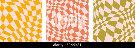Groovende Schachbretthintergründe. Kollektion im Retro-Stil mit wellenförmigem Karomuster. Vintage psychedelische verzerrte Gingham Tapete Bundle. Funky gedrehter Käfig im Stil der 60er, 70er, 80er Jahre. Vektorpaket Stock Vektor